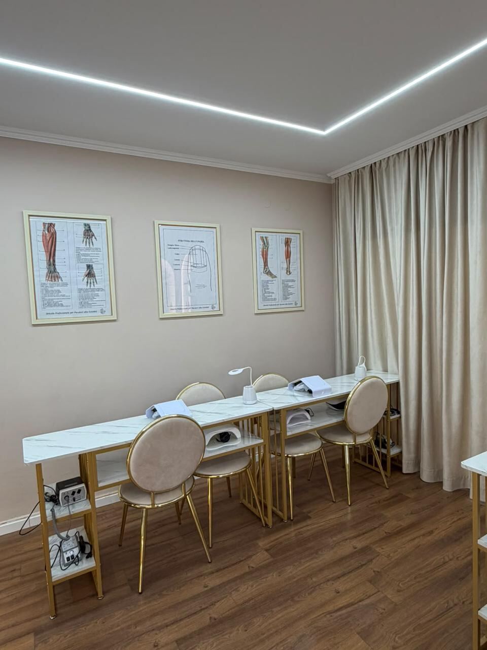 Marble-top manicure desks with lamps and e-files, under three framed anatomy charts of the hand, nail and foot.